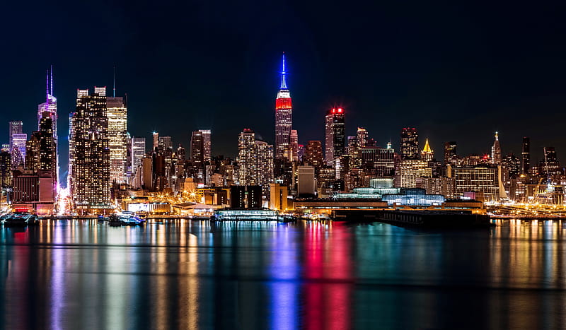 New York, city, harbour, reflection, lights, night, skyscrapers, HD wallpaper