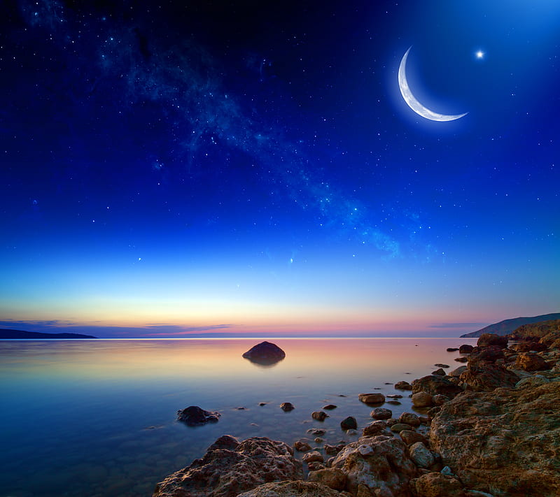 Moonlight, calm, evening, lake, moon, nature, night, seaside, shine, HD wallpaper
