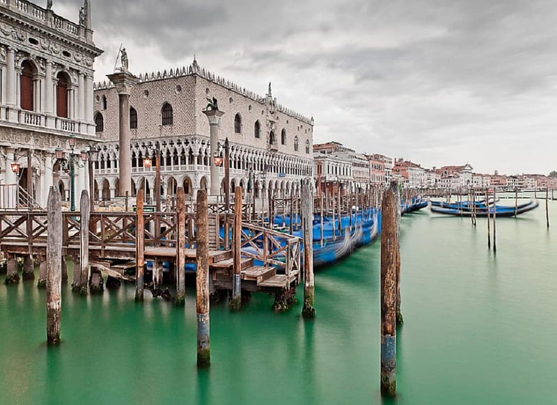 Venezia, gondole, domy, pale, woda, HD wallpaper