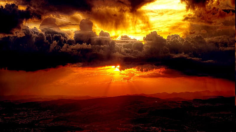 magnificent hidden sun r, hills, sun, fiery, r, clouds, sky, HD wallpaper