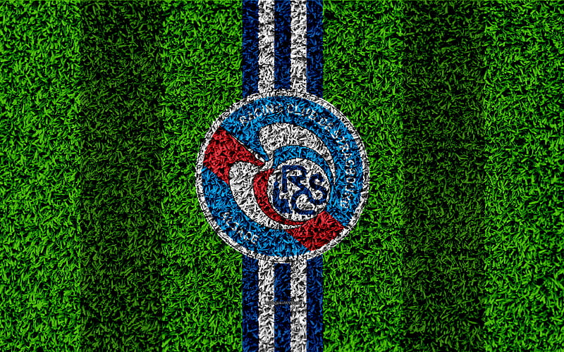 RC Strasbourg Alsace football lawn, Strasbourg logo, French football club, grass texture, emblem, blue white lines, Ligue 1, Strasbourg, France, football, HD wallpaper