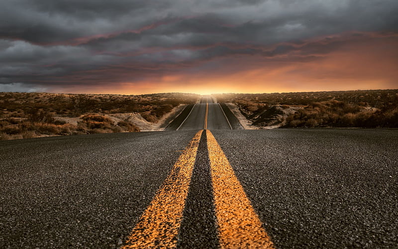 American highway, desert, asphalt road, sunset, evening, USA, HD wallpaper