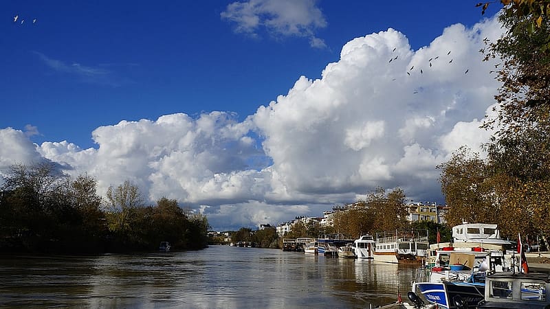 manavgat, cafe, river, cloudy, boat, HD wallpaper