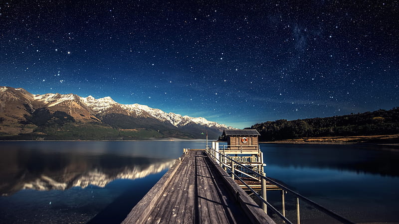 pier, stars, lake, reflection, mountain, snow line, hut, Landscape, HD wallpaper
