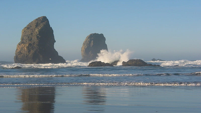 twin needle rocks beach, beach, rocks, waves, mist, HD wallpaper