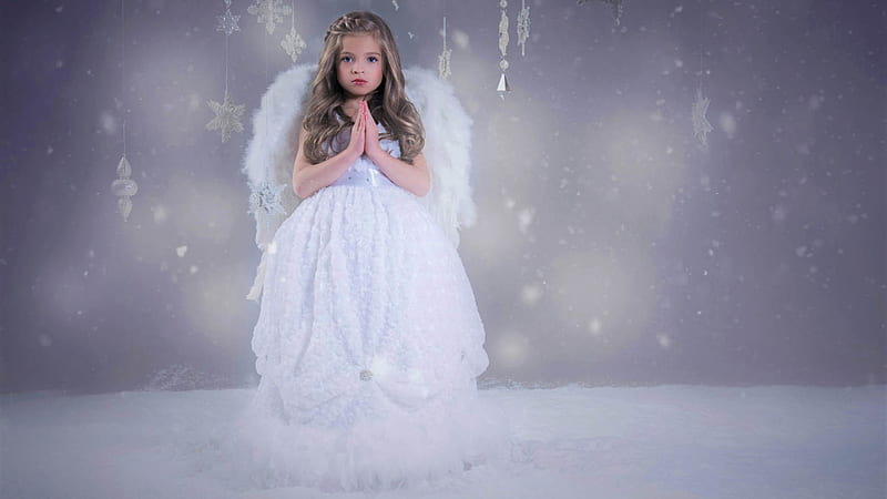 Angel Little Girl With White Wings In Snowflake Background Snowflake, HD wallpaper
