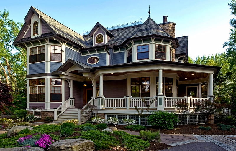 Beautiful Victorian House, White, Beautiful Victorian, Blue, House, HD wallpaper
