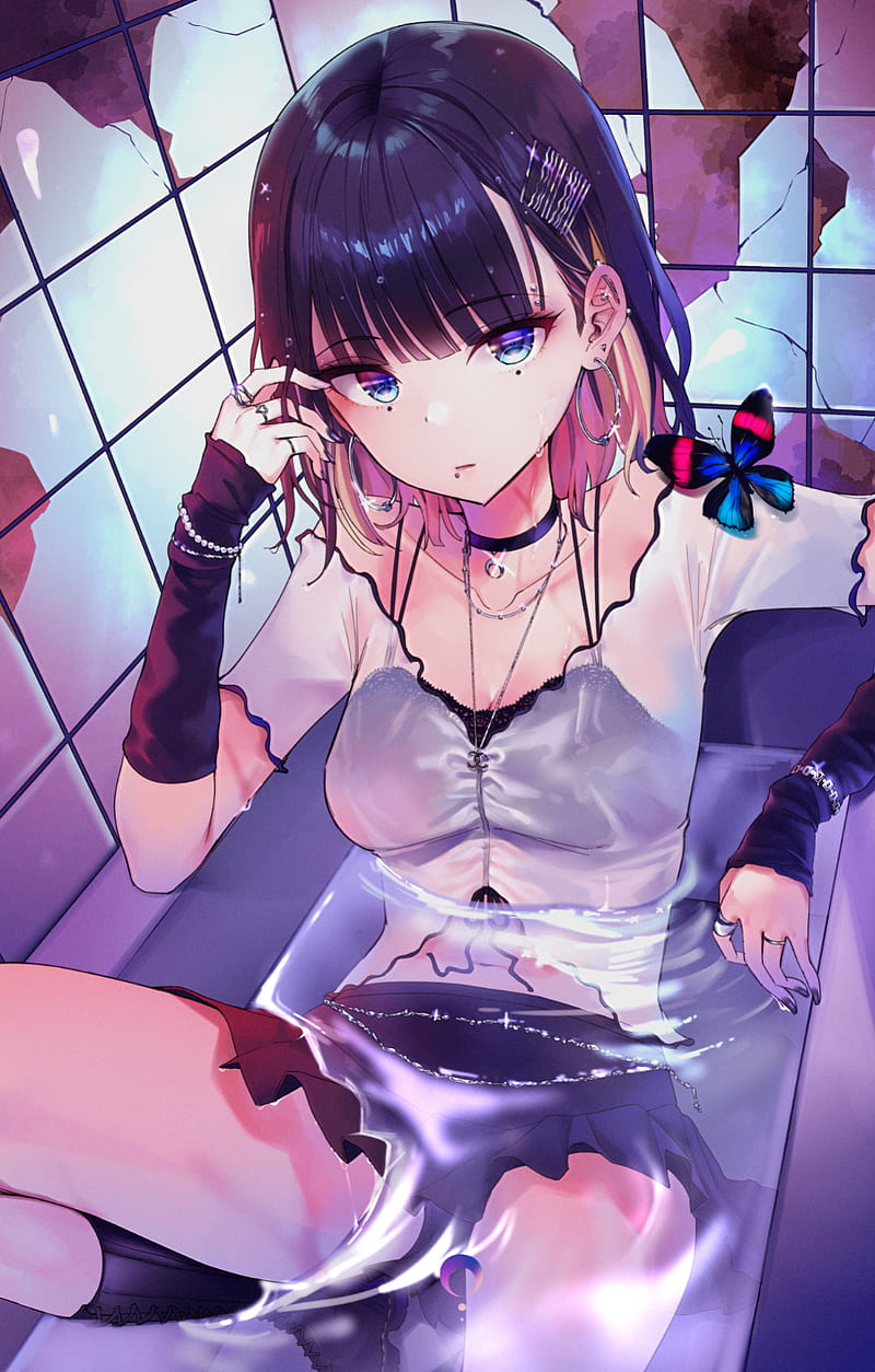 anime, anime girls, blue eyes, in bathtub, indoors, purple hair, HD phone wallpaper