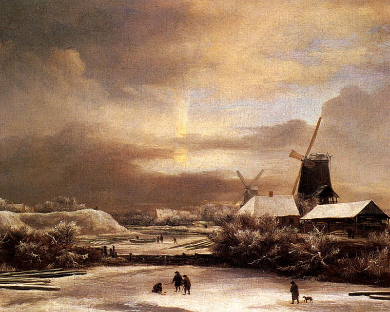 Jacob Issaksz van Ruisdael - Winter Landscape, painting, seventeenth century, dutch, landscape, HD wallpaper