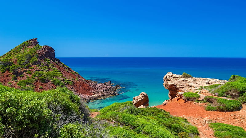 The Seacoast of Spain, grass, island, trees, coast, sea, blue, Nature, spain, HD wallpaper