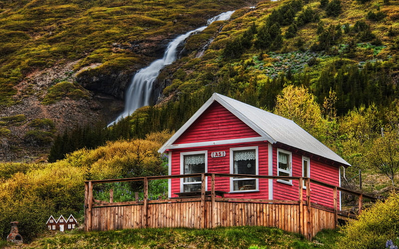 Little House, architecture, pretty, fll, house, falling, grass, mountain, countryside, nice, splendor, waterfall, beauty, hills, lovely, houses, trees, water, mountains, fence, red, autumn, little, bonito, leaves, green, cliffs, river, view, colors, tree, slope, peaceful, summer, nature, HD wallpaper