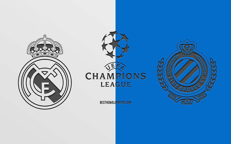 Real Madrid vs Club Brugge, football match, 2019 Champions League, promo, blue white background, creative art, UEFA Champions League, football, Real Madrid vs Brugge, HD wallpaper