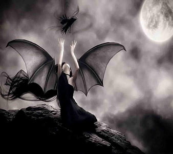 Demon Woman, pretty, dress, bonito, woman, fog, fantasy, moon, gris, long hair, art, wings, black, abstract, demon, crow, lady, devil, white, HD wallpaper