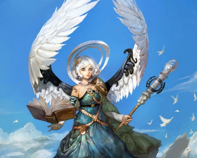 Angel Warrior, fantasy, wand, angel, book, woman, HD wallpaper