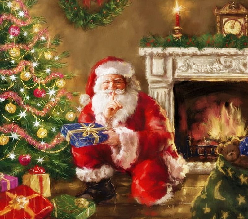 Santa's Secrets, chimney, ornaments, fire, tree, christmas, painting, artwork, gifts, HD wallpaper