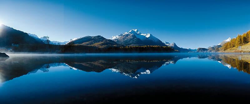 Morning Alpine Lake Panorama, forest, bonito, Switzerland, lake, panorama, mountains, morning mist, sunrise, reflection, snowy peaks, blue, HD wallpaper