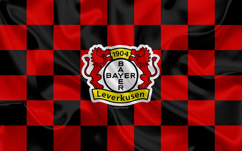 Bayer 04 Leverkusen logo, creative art, red black checkered flag, German football club, Bundesliga, emblem, silk texture, Leverkusen, Germany, football, Bayer 04 FC, HD wallpaper