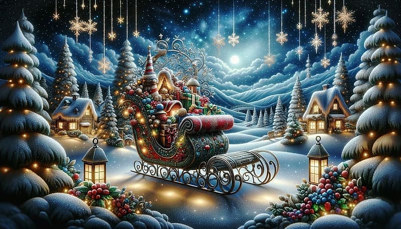A magical outdoor Christmas scene, tel, unnep, ajandekok, felhok, szanko, fenyofak, hazak, lampas, egbolt, mesebeli, havas, ho, karacsonyi jelenet, HD wallpaper