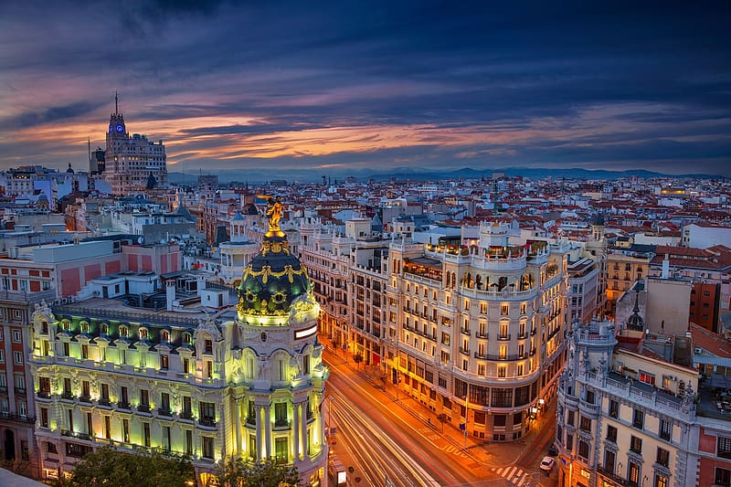 City, Building, Evening, Cityscape, Street, Spain, Madrid, HD wallpaper