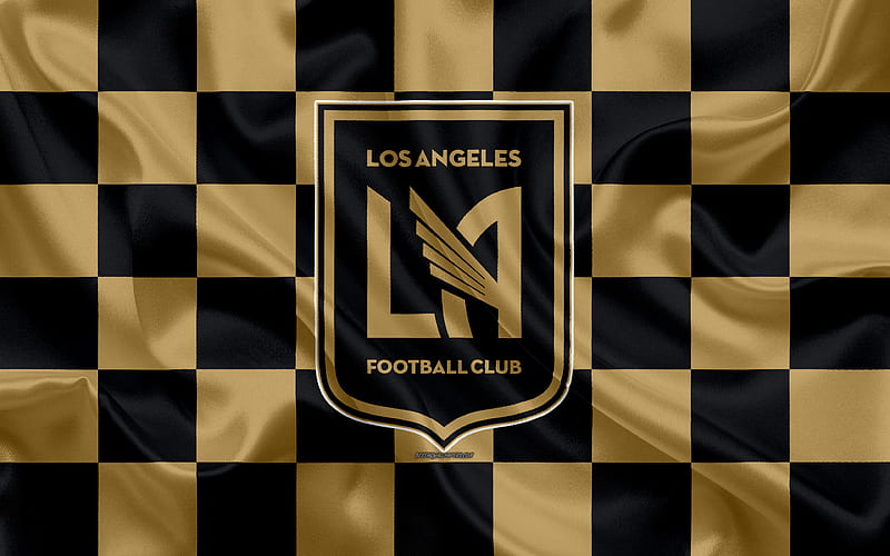 Los Angeles FC logo, creative art, gold black checkered flag, American Soccer club, MLS, emblem, silk texture, Los Angeles, California, USA, football, Major League Soccer, HD wallpaper