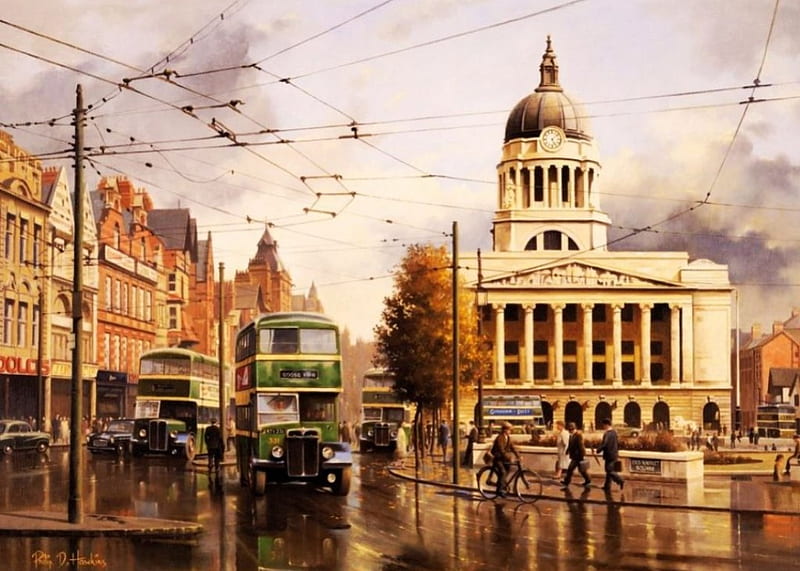 Old Market Square, Nottingham, carros, buildings, painting, street, artwork, HD wallpaper