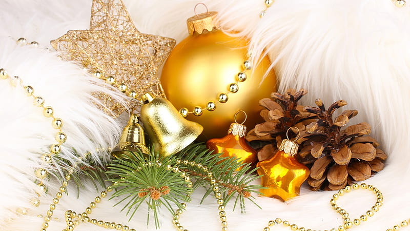 Merry Christmas and a Happy New Year, stars, glitter, pinecone, bell, ornament, HD wallpaper