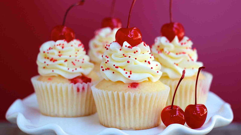 Cupcakes With Cherries On Top, cherries, cupcake, icing, vanilla, HD wallpaper
