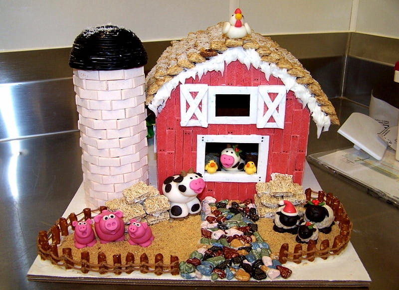 Cute Gingerbread Barn, Cute, Barn, Pink, Pigs, Sheep, Cows, Gingerbread, HD wallpaper