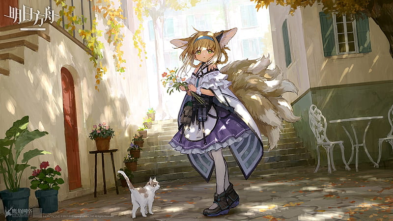 suzuran, arknights, animal ears, cute, dress, anime fox girl, nine tails, Anime, HD wallpaper