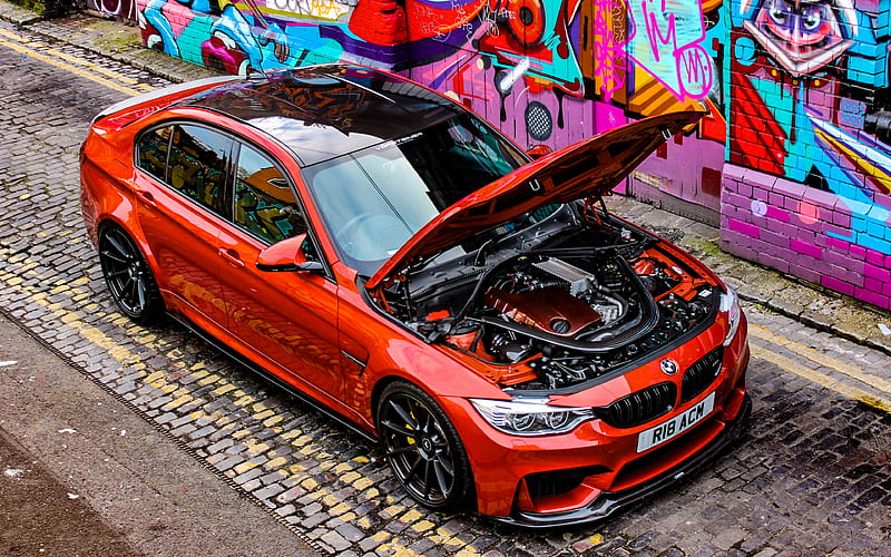 BMW M3 F80, tuning, 2017 cars, graffiti, orange m3, german cars, BMW, HD wallpaper