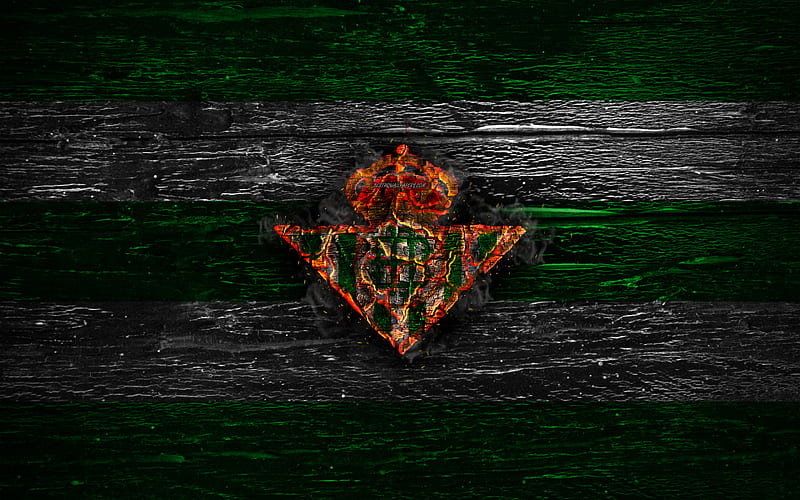 Real Betis FC, fire logo, LaLiga, green and white lines, spanish football club, grunge, football, soccer, logo, Real Betis Balompie, wooden texture, Spain, HD wallpaper