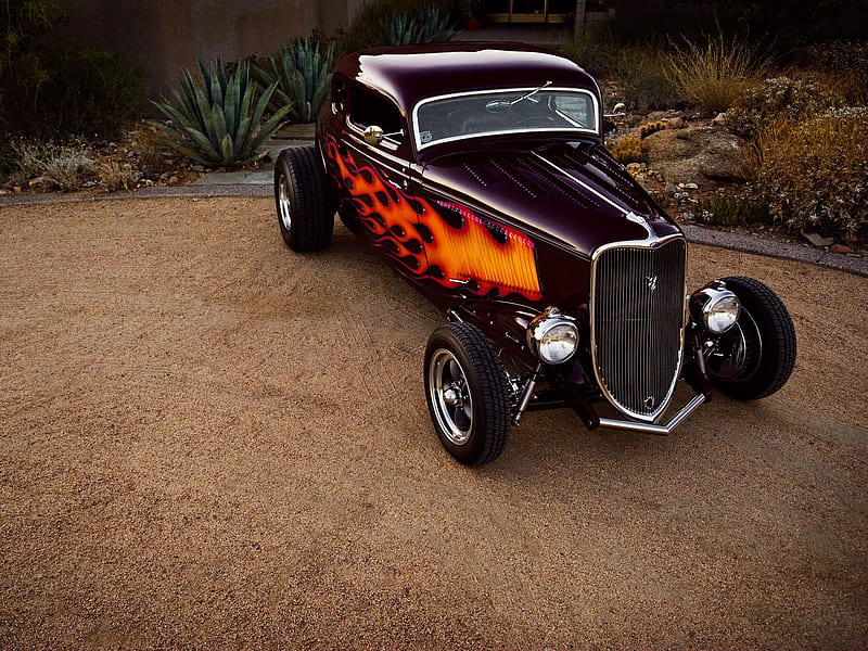 '33 Ford Coupe, 33, muscle, rod, black, coupe, antique, flames, hotrod, ford, car, hot, classic, 1933, street, vintage, HD wallpaper
