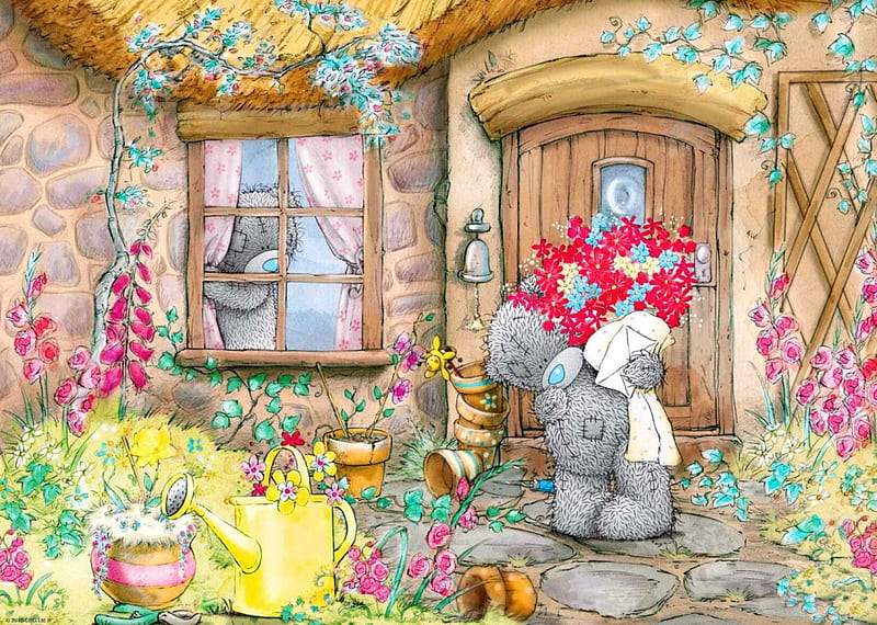 A gift with love, pretty, house, cottage, teddy, home, bear, bonito, sweet, nice, love, painting, flowers, friends, art, present, lovely, spring, gift, cute, bouquet, summer, HD wallpaper