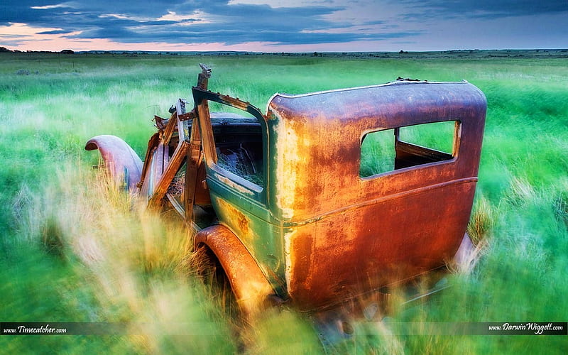 Once upon a ride, time passed, old car, grass, field, abandoned, HD wallpaper