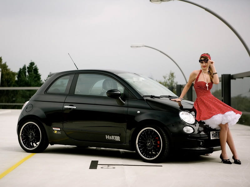 Fiat 500 supermodel in red white polka dot dress, cute, dress, girl, teen, hot, HD wallpaper