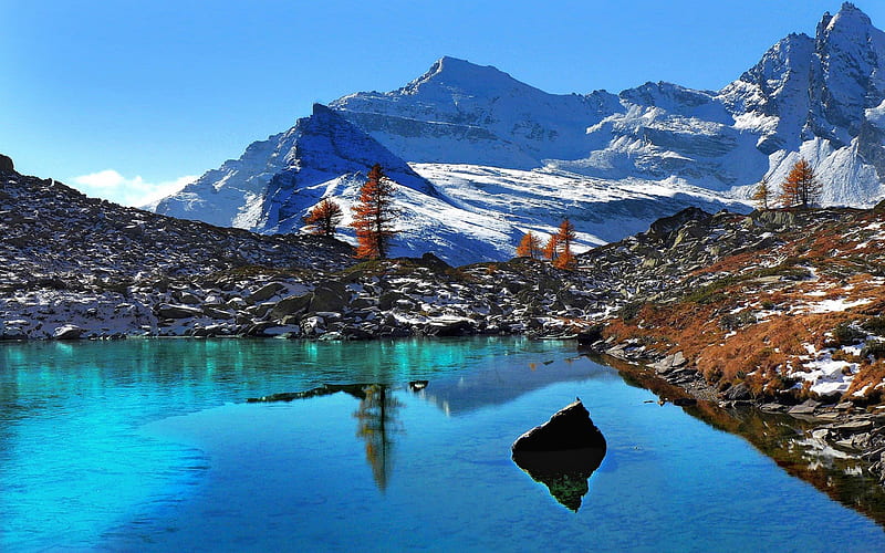 snow, blue sky, winter, piedmont, mountain lake, italy, HD wallpaper