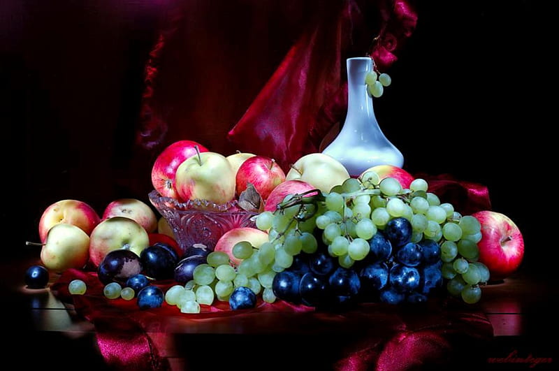 Bountiful, fruit, grapes, still life, red satin fabric, crystal bowl, apples, glass vase, HD wallpaper