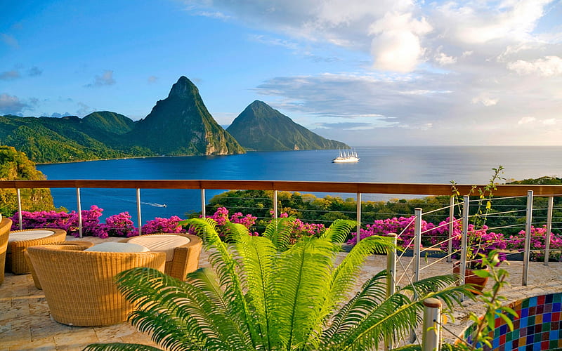 Lovely View, architecture, pretty, resort, santa lucia, clouds, st lucia, modern, boat, boats, splendor, flowers, beauty, chair, luxury, lovely, vessel, holiday, ocean, relax, sky, trees, paradise, mountains, landscape, colorful, sailing, bonito, sea, chairs, seaside, view, balcony, colors, terrace, peaceful, summer, nature, sailboat, sailboats, HD wallpaper