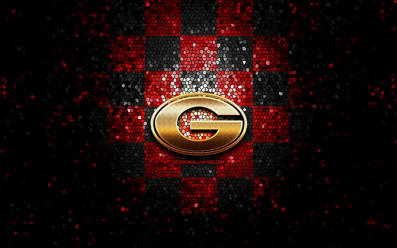 Georgia Bulldogs, glitter logo, NCAA, red black checkered background, USA, american football team, Georgia Bulldogs logo, mosaic art, american football, America, HD wallpaper
