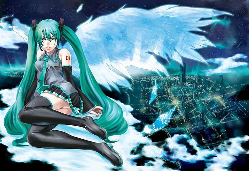 Hatsune Miku, pretty, clouds, nice, anime, aqua, beauty, anime girl, vocaloids, wings, twintail, buildings, skirt, black, miku, sky, singer, sexy, cute, headset, hatsune, cool, awesome, white, idol, glow, night sky, gray, headphones, tie, bonito, thighhighs, program, city, hot, light, blue, feathers, night, vocaloid, stars, cloud, angel, music, diva, skyscrapers, microphone, song, girl, uniform, virtual, shiny, HD wallpaper