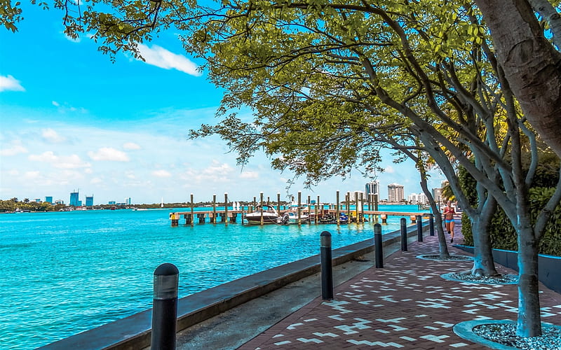 Miami Beach, West Avenue, Florida, summer, city landscape, embankment, USA, HD wallpaper