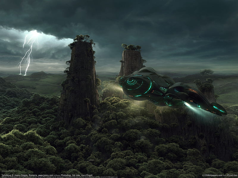 Spacecraft over Futur Jungle Planet , forest, jungle, spacecraft, rain forest, spaceship, HD wallpaper