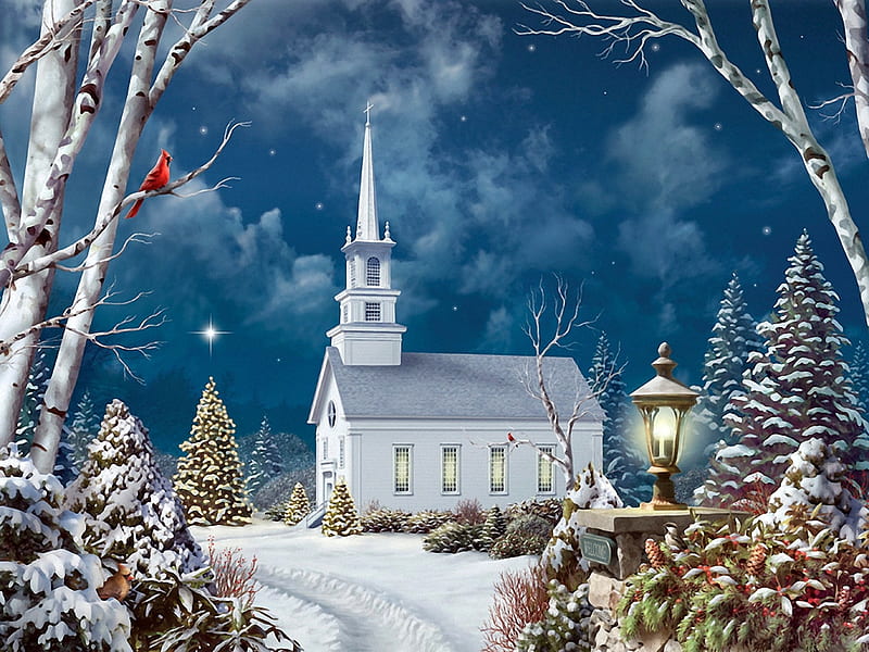 Holy Night, snow, painting, church, trees, winter, artwork, cardinal ...