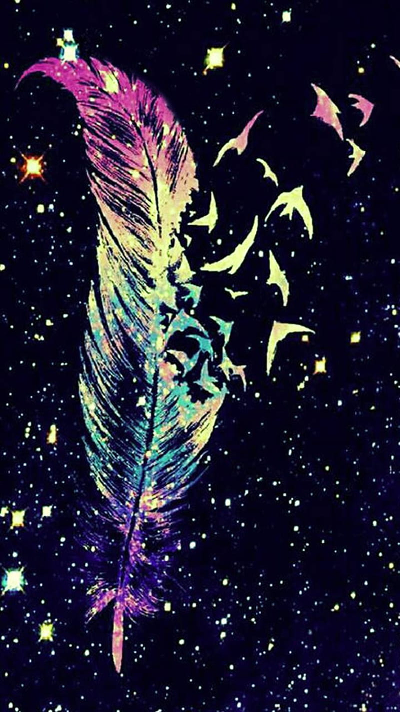 Feather, birds, colors, feathers, galaxy, stars, HD phone wallpaper