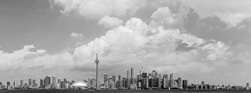 Panoramic View Toronto Skyline Ultra, Black and White, Aura, Buildings, Canada, Clouds, Weather, Skyline, ontario, Toronto, cirque, Waterfront, CN Tower, Center Island, rogers center, skydome, Bay Adelaide Centre West Tower, Bay Wellington Tower, Cirque du Soleil, City Place, Commerce Court West, East Tower, First Canadian Place, Four Seasons Hotel and Residences West, HarbourFront, HarbourFront Centre, L Tower, Maple Leaf Square, RBC Centre, Ritz-Carlton Toronto, Royal Bank Plaza South, Royal Trust Tower, Scotia Plaza, Shangri-La Toronto, TD Canada Trust Tower, Toronto-Dominion Tower, Trump International Hotel and Tower, U Condos, cn towter, corus quay, toronto star, HD wallpaper