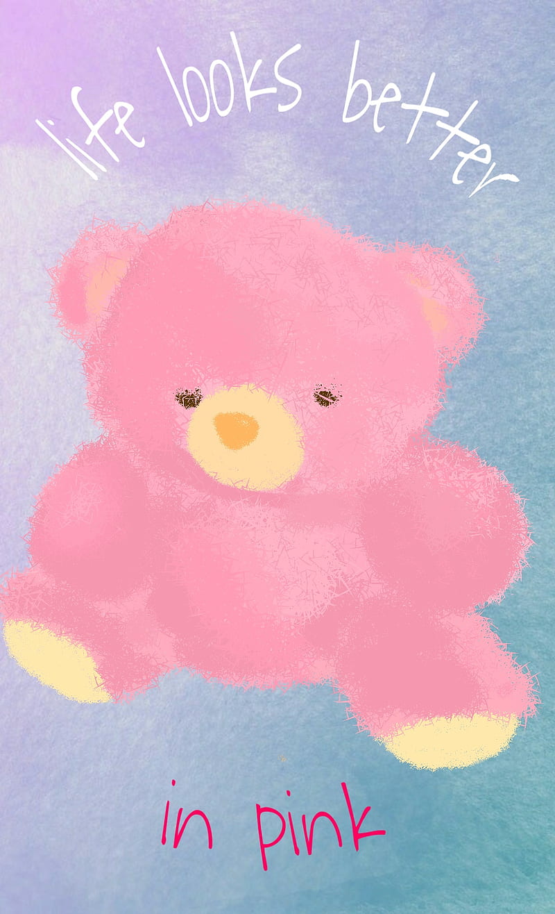 Vida en color rosa, chicas, dibujos, background, oso de peluche, pink, HD phone wallpaper