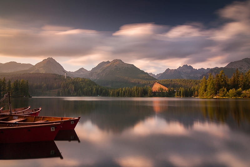 A quiet place for weekend, nature, boat, clouds, lake, HD wallpaper