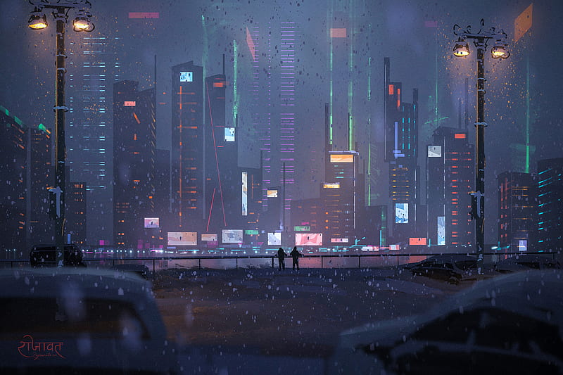 Sci Fi, Cyberpunk, Cityscape, Night, Winter, HD wallpaper