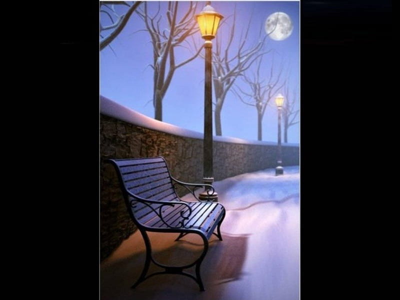 WINTER BENCH, moon, street lamp, snow, bench, trees, night, winter, HD wallpaper