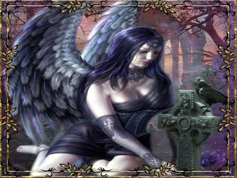 angel of sorrow, goth, dark angel, fantasy, gothic, angel, cementary, tears, sorrow, HD wallpaper